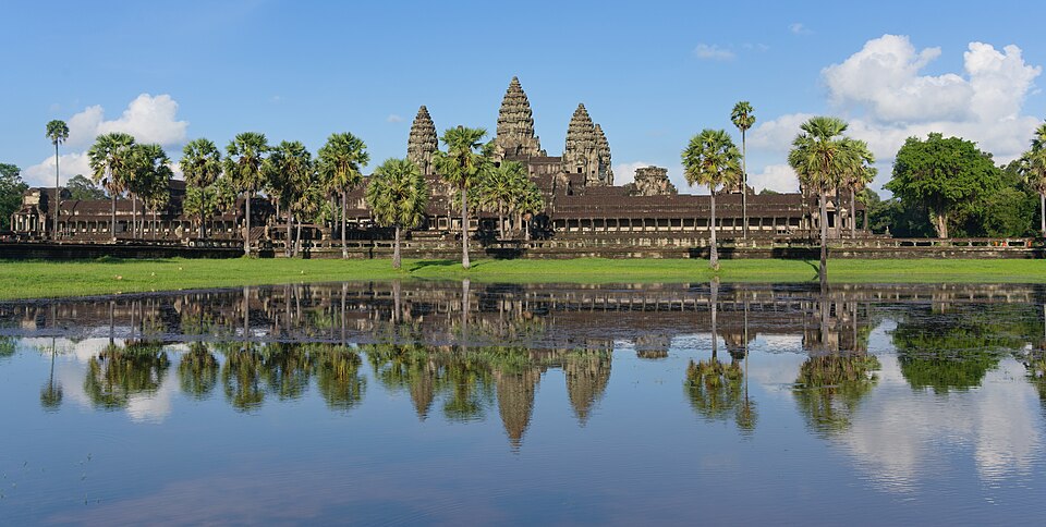 Angkor Wat towers reflected in a still pool near Siem Reap, Cambodia